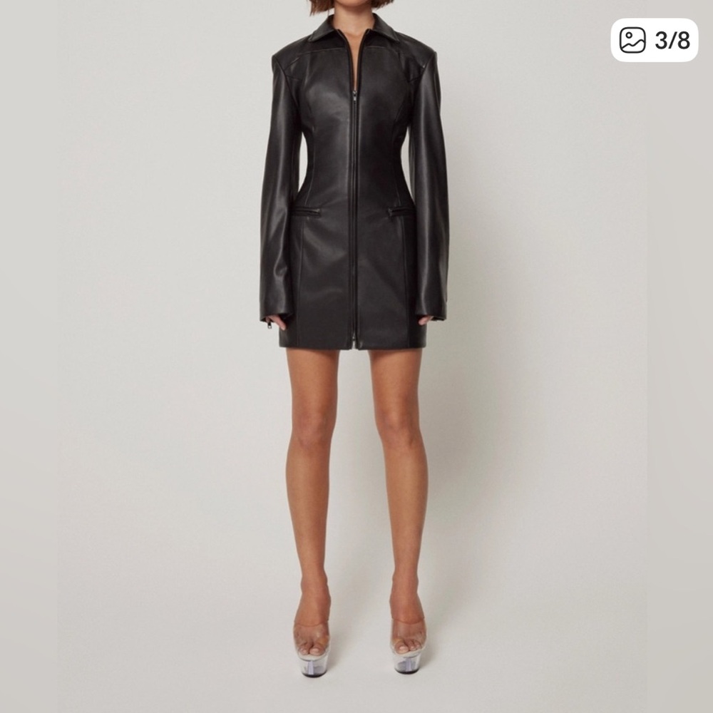 Khy Faux Leather Long Sleeve Mini Dress with Belt in Black - Picture 3 of 6